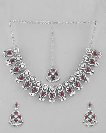 VOJ Silver Plated Pink AD Stone Studded Designer Jewellery Set With Mangtikka