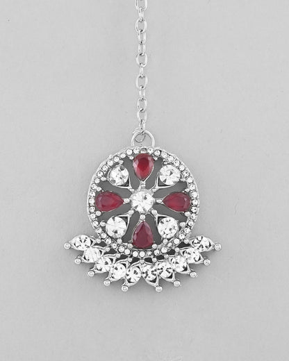 VOJ Silver Plated Pink AD Stone Studded Designer Jewellery Set With Mangtikka