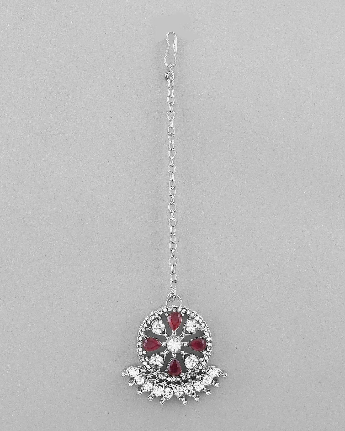 VOJ Silver Plated Pink AD Stone Studded Designer Jewellery Set With Mangtikka