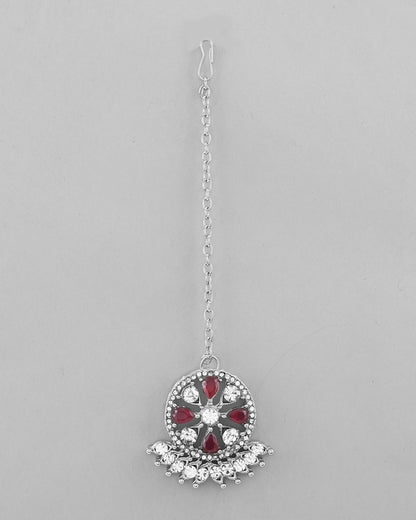 VOJ Silver Plated Pink AD Stone Studded Designer Jewellery Set With Mangtikka