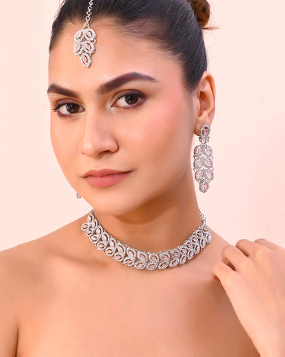 VOJ Silver Plated Baby Pink AD Stone Studded Designer Jewellery Set With Mangtikka