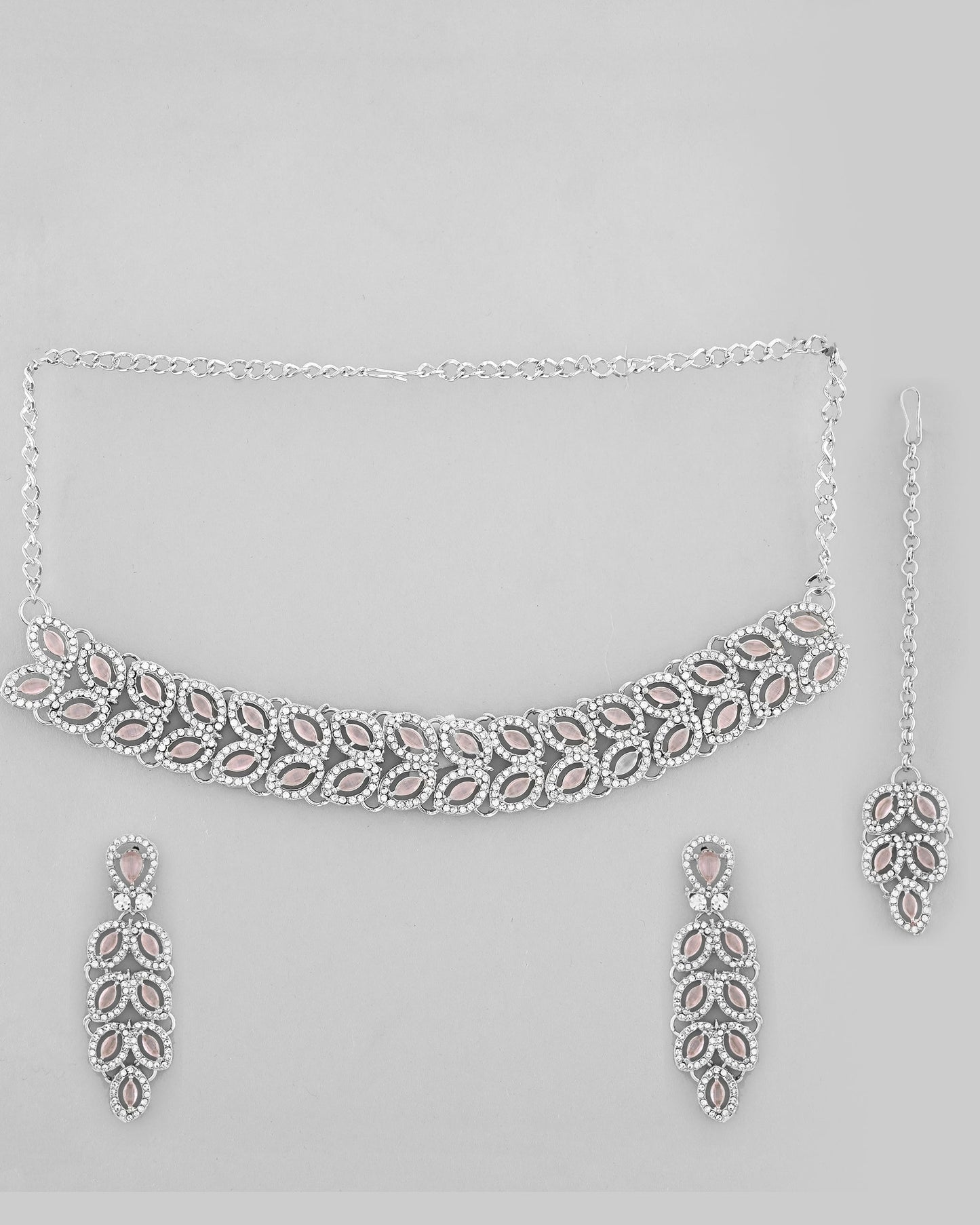 VOJ Silver Plated Baby Pink AD Stone Studded Designer Jewellery Set With Mangtikka
