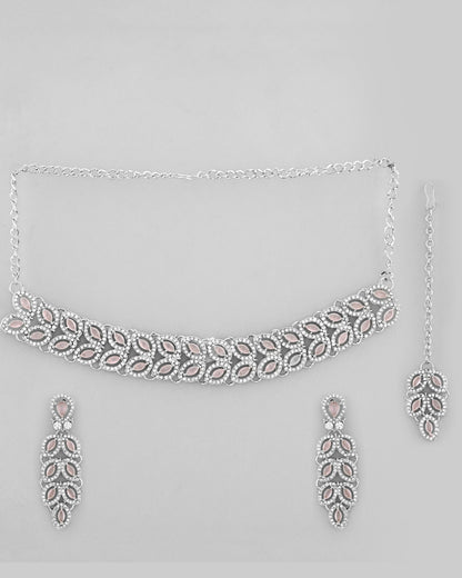 VOJ Silver Plated Baby Pink AD Stone Studded Designer Jewellery Set With Mangtikka
