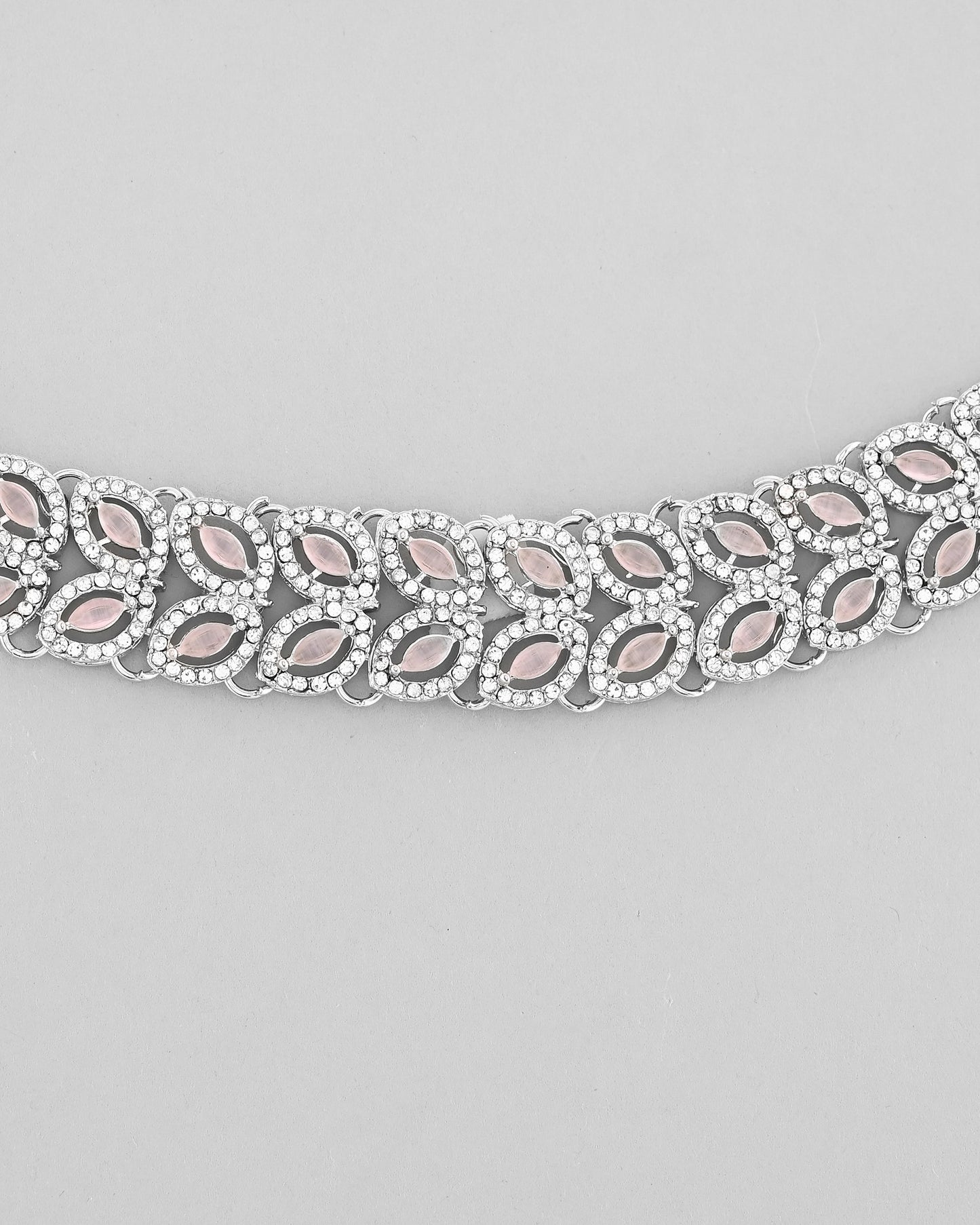 VOJ Silver Plated Baby Pink AD Stone Studded Designer Jewellery Set With Mangtikka