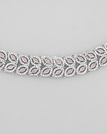 VOJ Silver Plated Baby Pink AD Stone Studded Designer Jewellery Set With Mangtikka