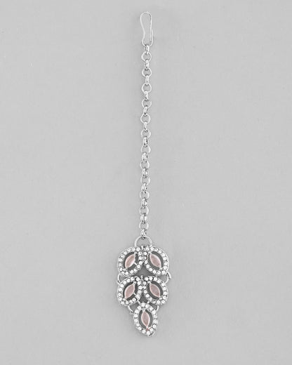 VOJ Silver Plated Baby Pink AD Stone Studded Designer Jewellery Set With Mangtikka