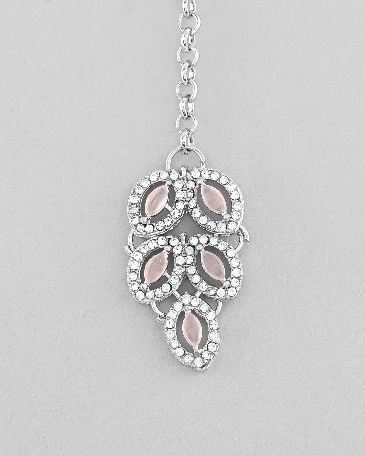 VOJ Silver Plated Baby Pink AD Stone Studded Designer Jewellery Set With Mangtikka