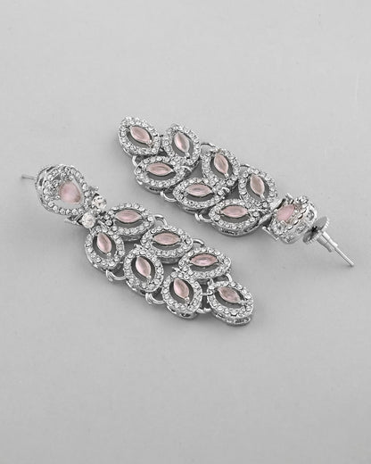 VOJ Silver Plated Baby Pink AD Stone Studded Designer Jewellery Set With Mangtikka