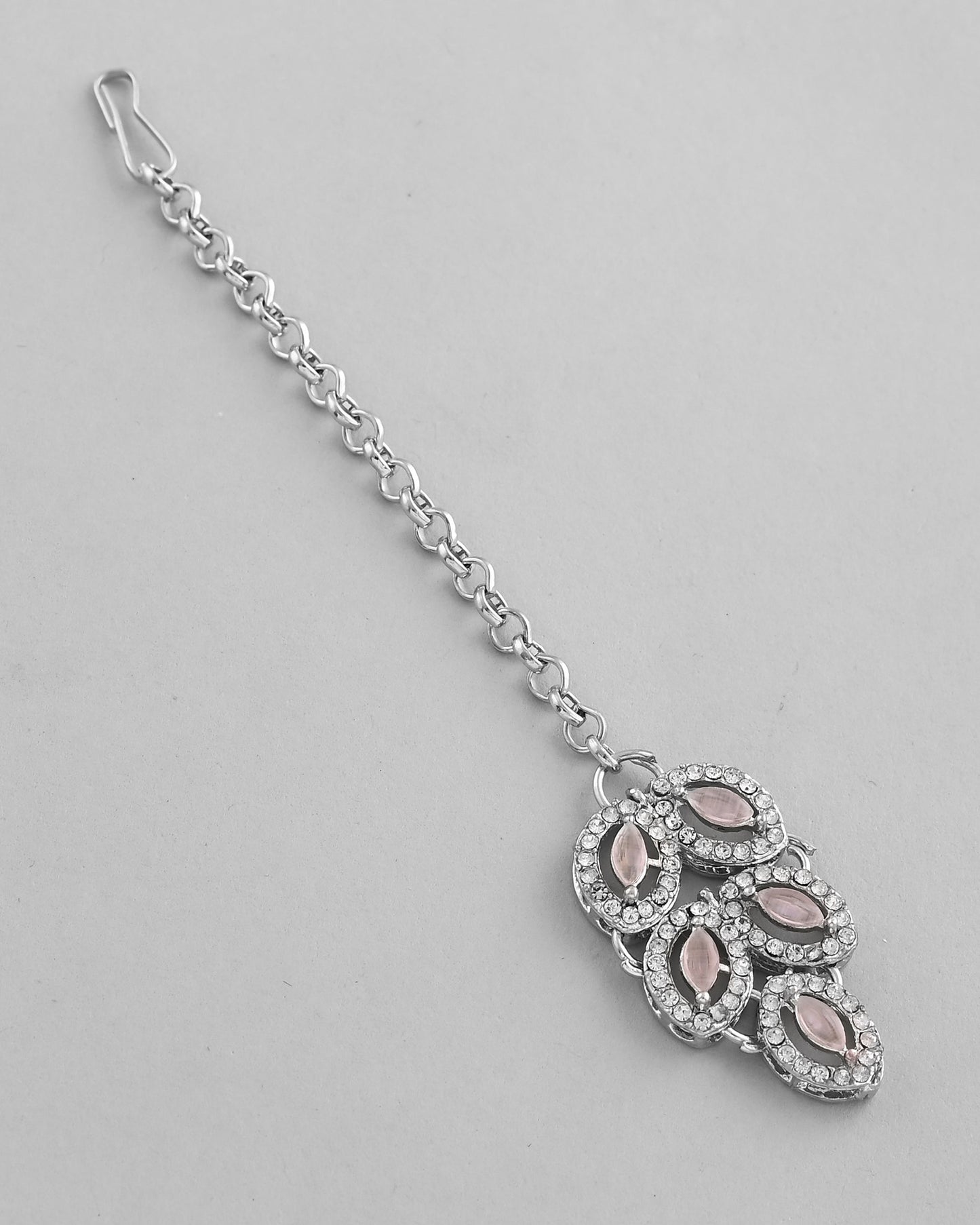 VOJ Silver Plated Baby Pink AD Stone Studded Designer Jewellery Set With Mangtikka
