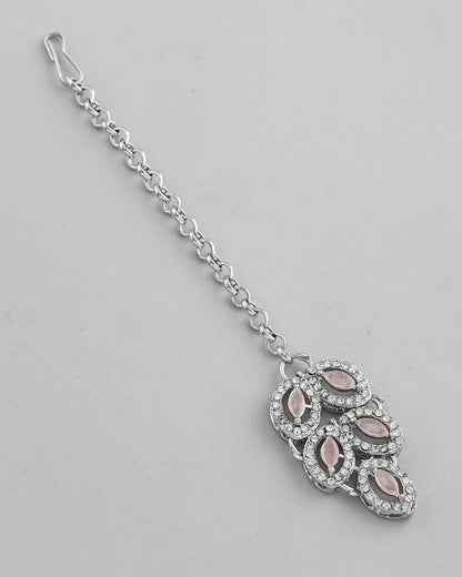 VOJ Silver Plated Baby Pink AD Stone Studded Designer Jewellery Set With Mangtikka