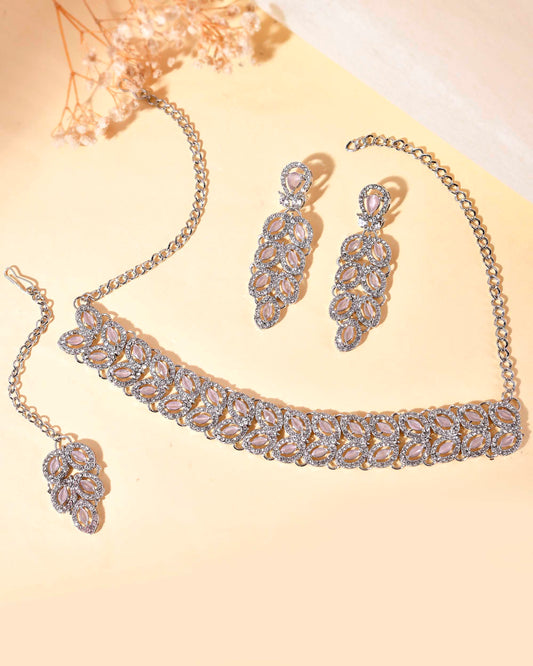 VOJ Silver Plated Baby Pink AD Stone Studded Designer Jewellery Set With Mangtikka