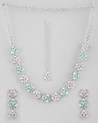 VOJ Silver Plated AD With Nude Green And Light Pink Flower Jewellery Set With Mangtikka