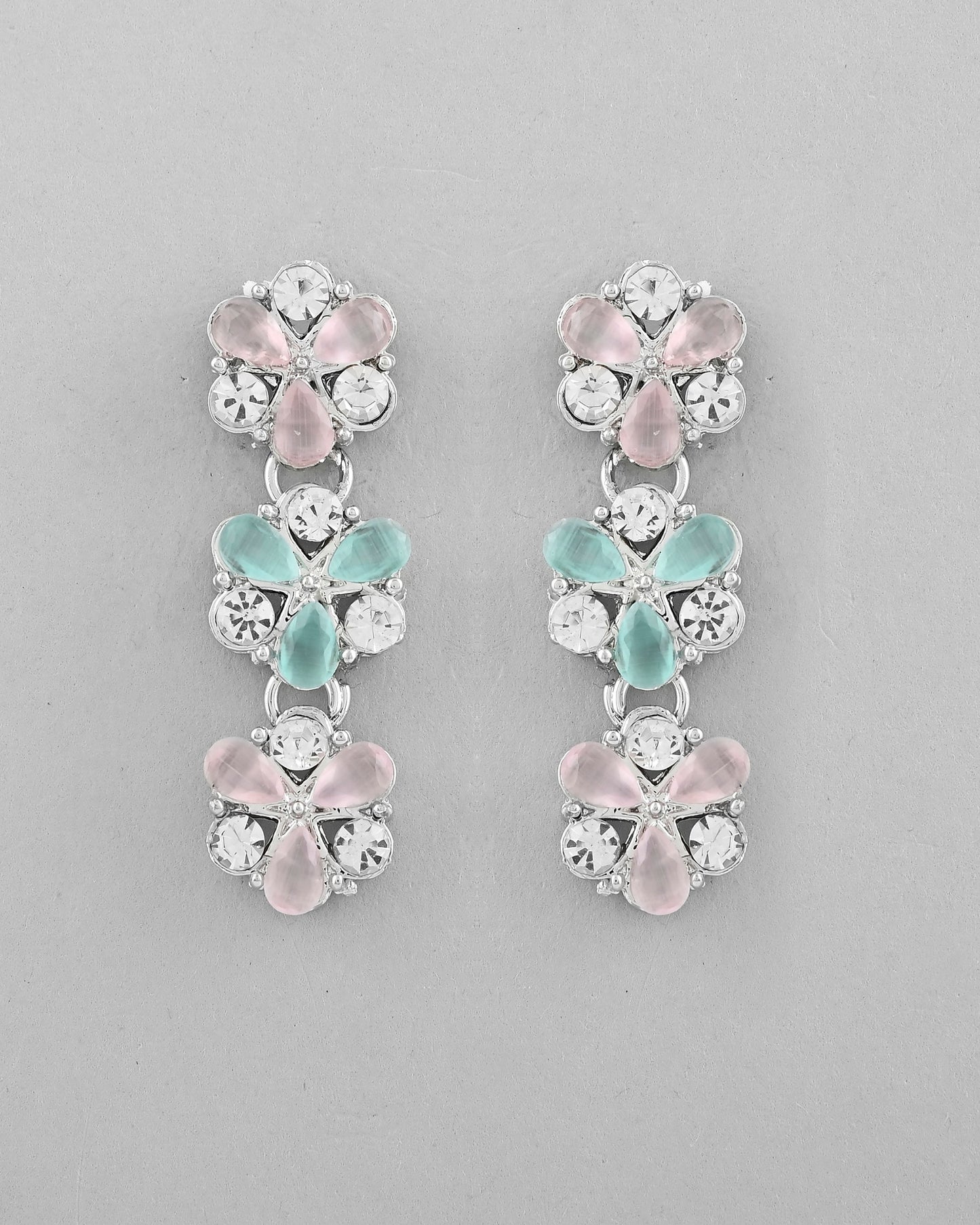 VOJ Silver Plated AD With Nude Green And Light Pink Flower Jewellery Set With Mangtikka