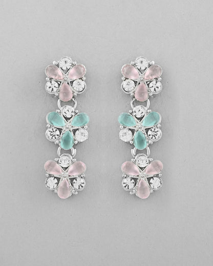 VOJ Silver Plated AD With Nude Green And Light Pink Flower Jewellery Set With Mangtikka