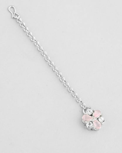 VOJ Silver Plated AD With Nude Green And Light Pink Flower Jewellery Set With Mangtikka