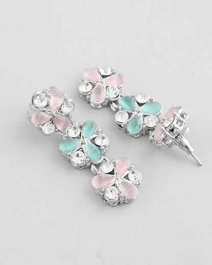 VOJ Silver Plated AD With Nude Green And Light Pink Flower Jewellery Set With Mangtikka