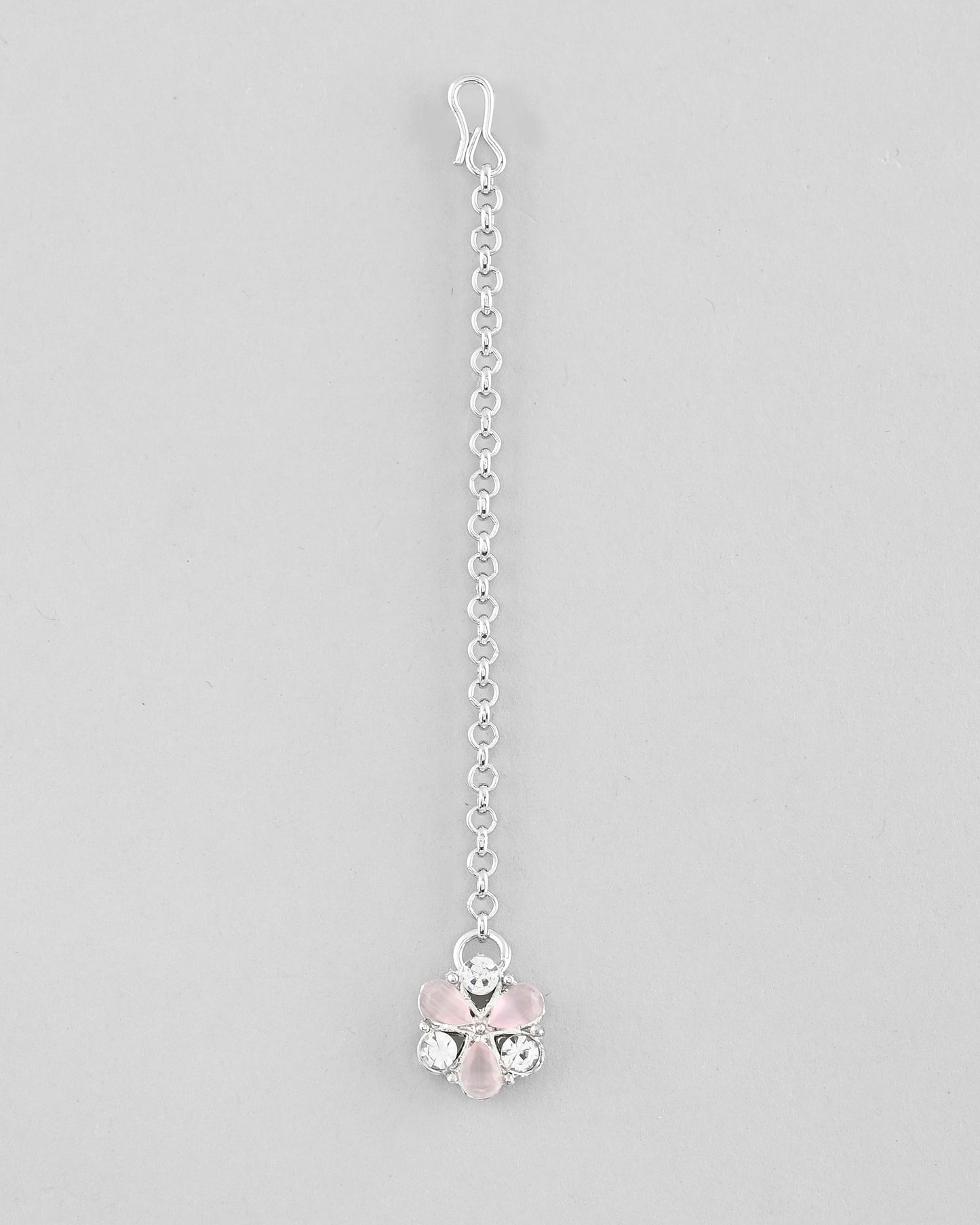 VOJ Silver Plated AD With Nude Green And Light Pink Flower Jewellery Set With Mangtikka