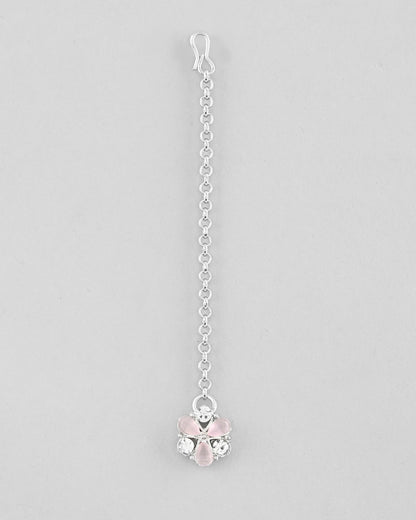 VOJ Silver Plated AD With Nude Green And Light Pink Flower Jewellery Set With Mangtikka