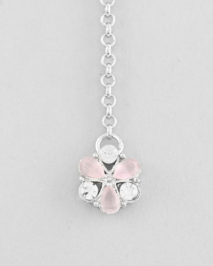 VOJ Silver Plated AD With Nude Green And Light Pink Flower Jewellery Set With Mangtikka