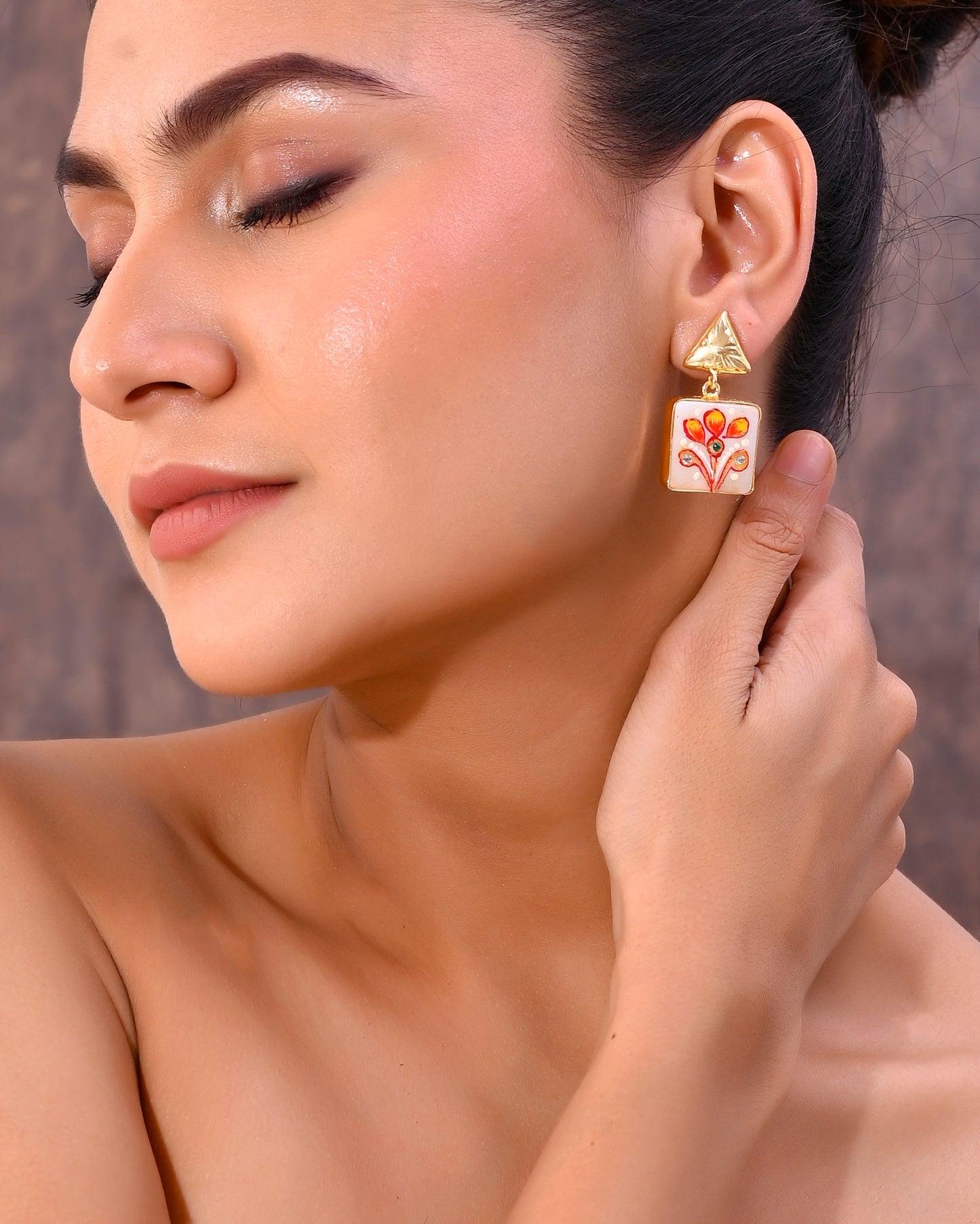 VOJ Gold-Polished Hand Painted Drop Stud Earrings