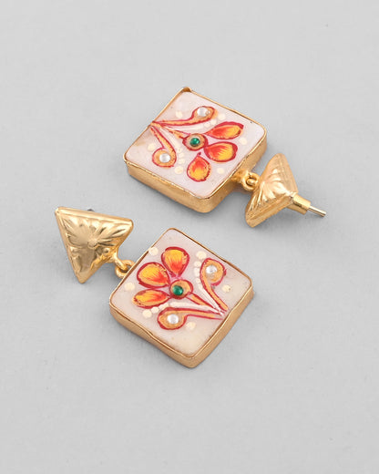VOJ Gold-Polished Hand Painted Drop Stud Earrings