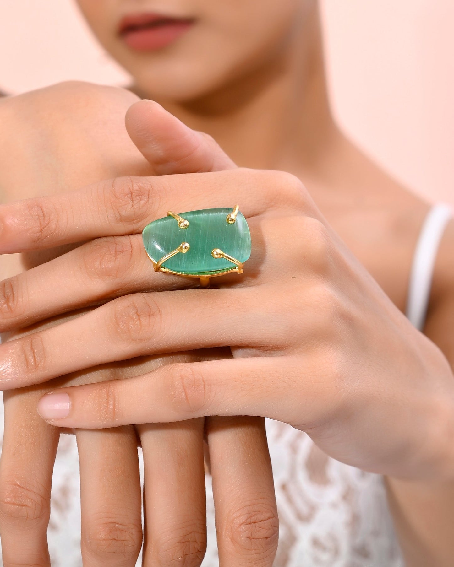 VOJ Gold-Polished Big Green Stone Studded Ring