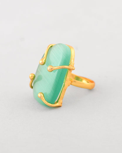 VOJ Gold-Polished Big Green Stone Studded Ring
