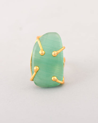 VOJ Gold-Polished Big Green Stone Studded Ring