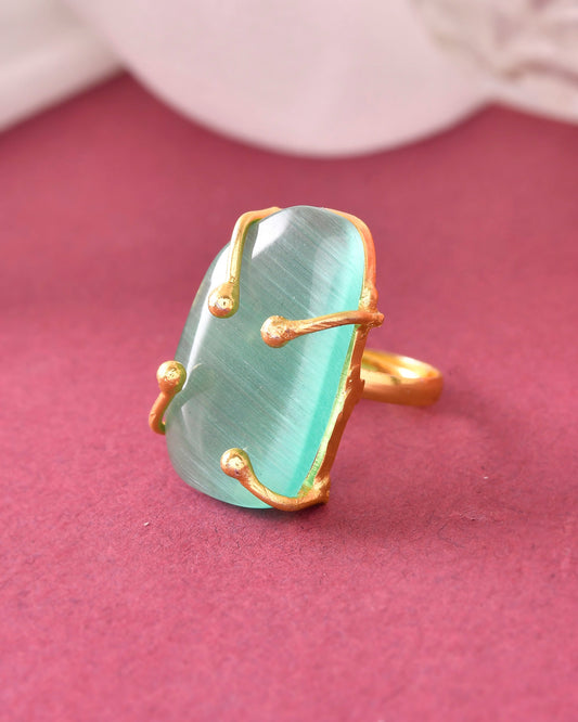 VOJ Gold-Polished Big Green Stone Studded Ring