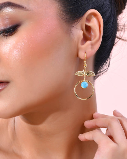 VOJ Gold-Polished Blue Stone Studded Circular Drop Earrings