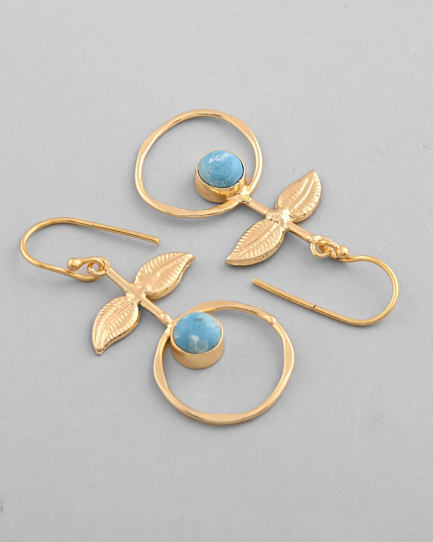 VOJ Gold-Polished Blue Stone Studded Circular Drop Earrings