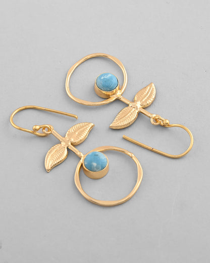 VOJ Gold-Polished Blue Stone Studded Circular Drop Earrings