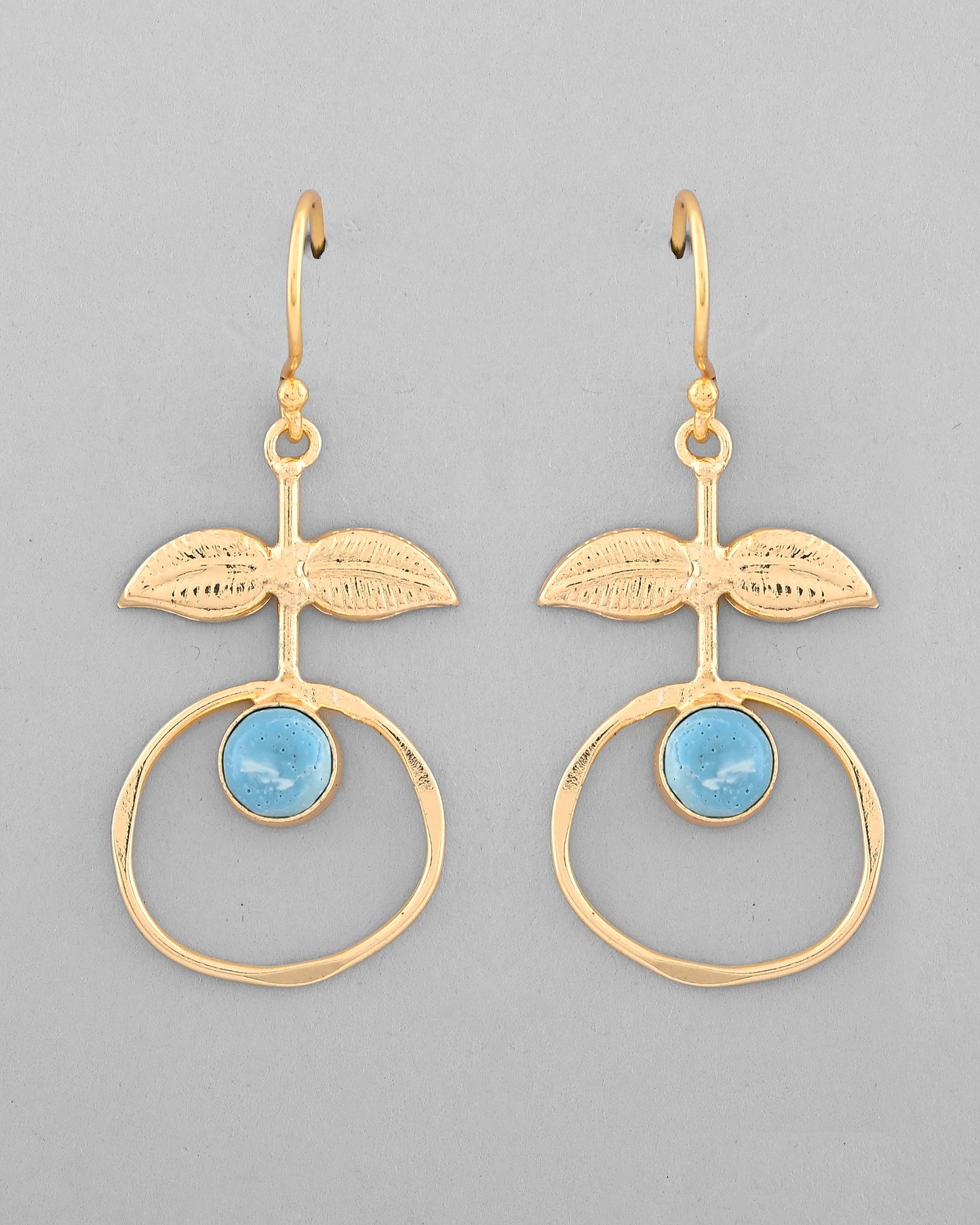 VOJ Gold-Polished Blue Stone Studded Circular Drop Earrings
