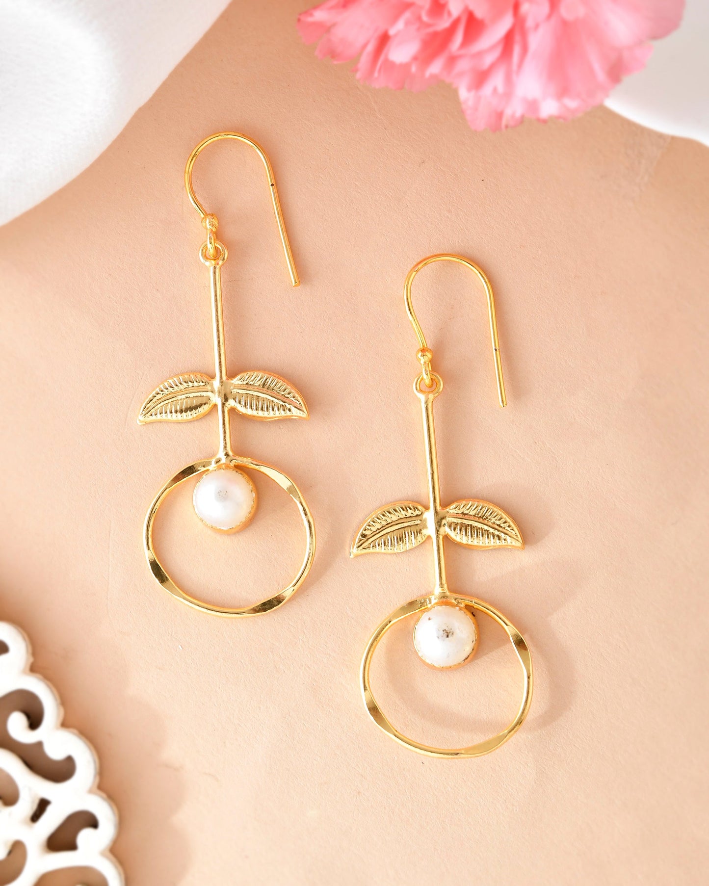 VOJ Gold-Polished White Stone Studded Circular Drop Earrings