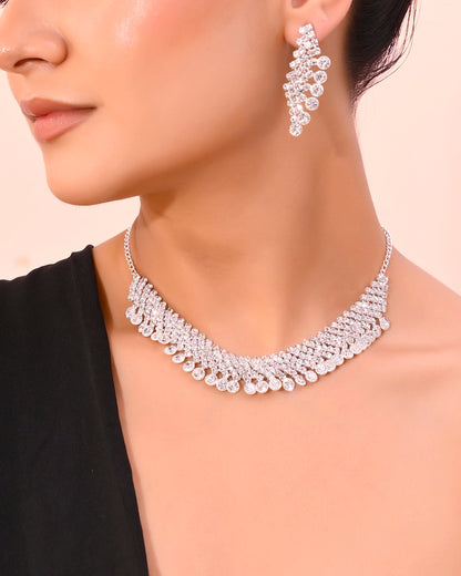 VOJ AD Stone Studded Silver Plated Necklace With Drop Earrings Set