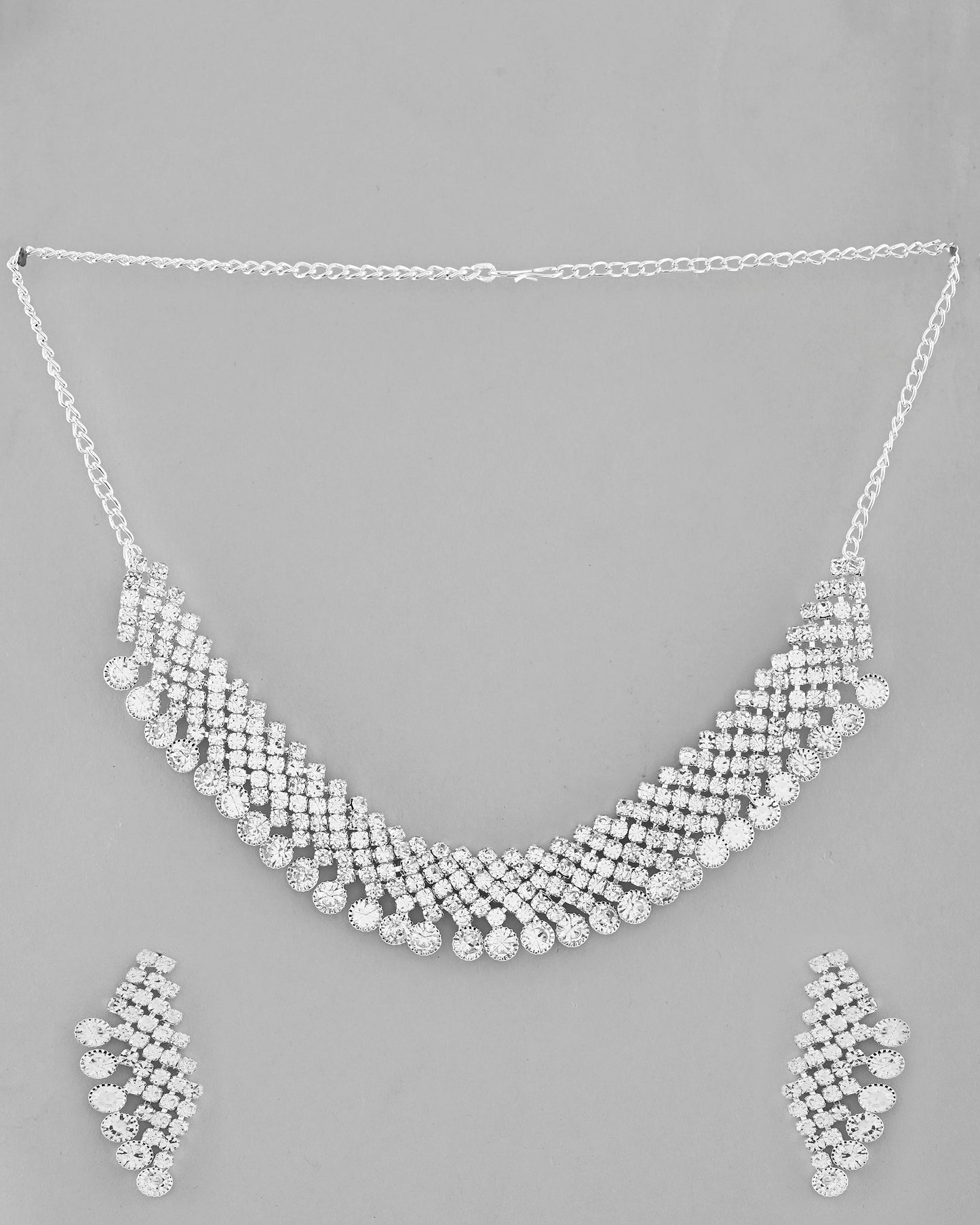 VOJ AD Stone Studded Silver Plated Necklace With Drop Earrings Set