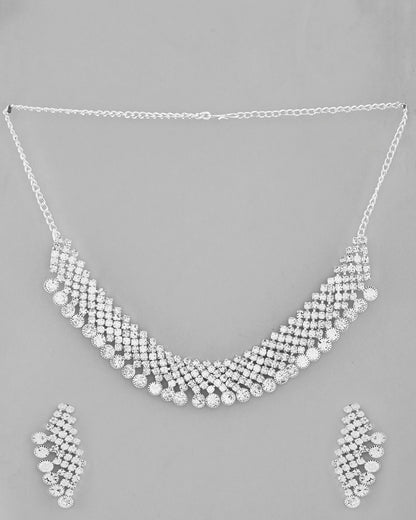 VOJ AD Stone Studded Silver Plated Necklace With Drop Earrings Set