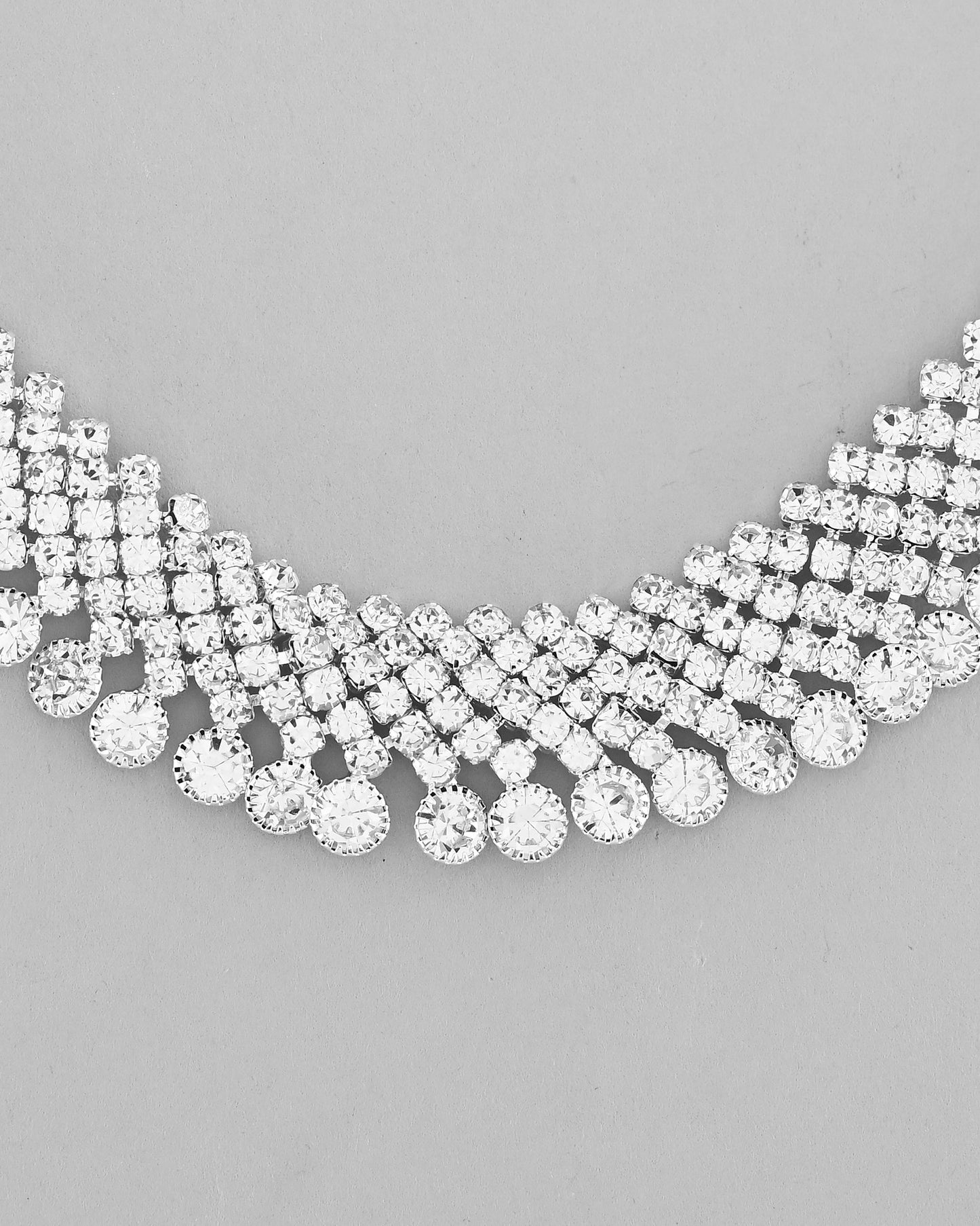 VOJ AD Stone Studded Silver Plated Necklace With Drop Earrings Set