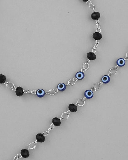 VOJ Set Of 2 Silver Plated With Black beads and Evil Eye Anklet