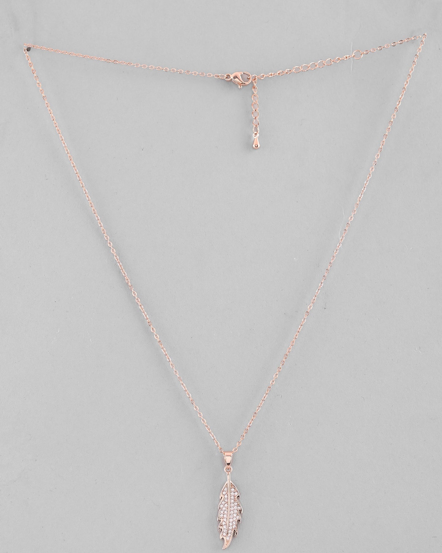 VOJ Rose Gold-Polished Chain With AD Studded Leaf Shaped Pendent