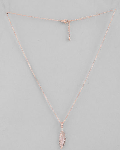 VOJ Rose Gold-Polished Chain With AD Studded Leaf Shaped Pendent