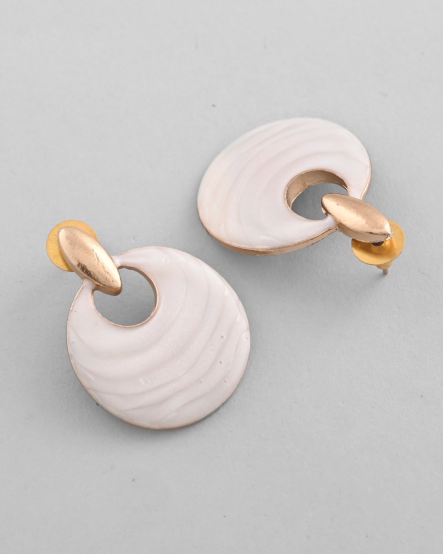 VOJ Gold-Polished Korean Style White Circular Studs Earrings