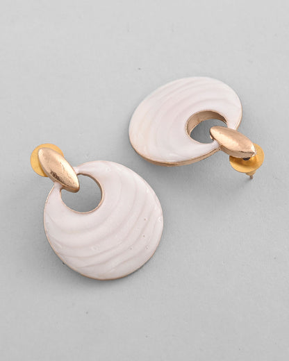 VOJ Gold-Polished Korean Style White Circular Studs Earrings