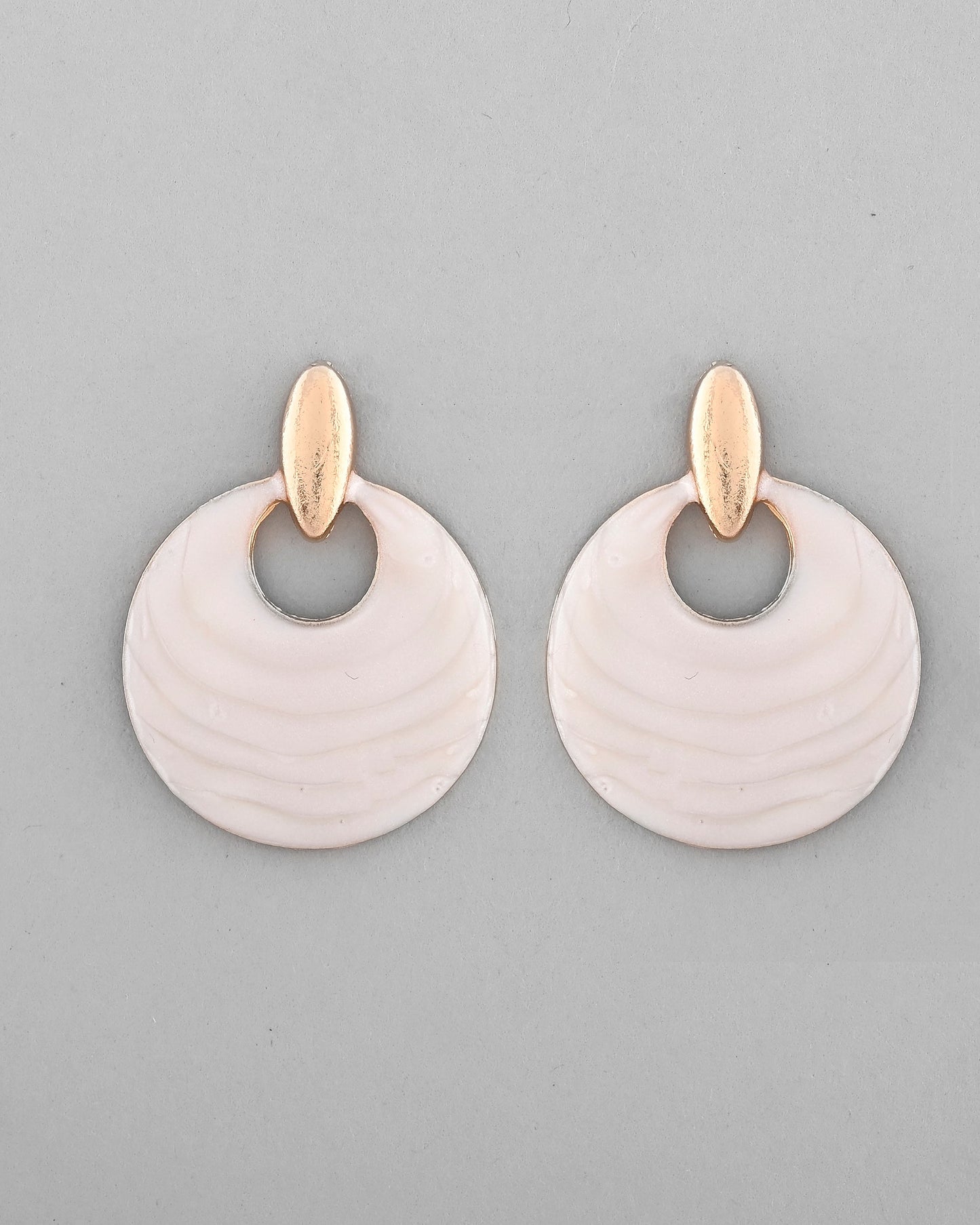 VOJ Gold-Polished Korean Style White Circular Studs Earrings