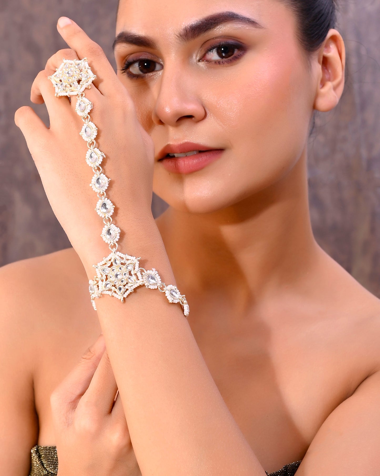 VOJ Gold-Polished Pearl And Kundan Ring Bracelet