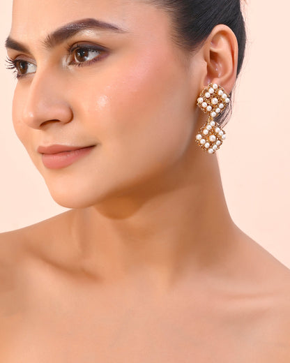 VOJ Gold-Polished Pearl And Gold Stone Drop Stud Earrings
