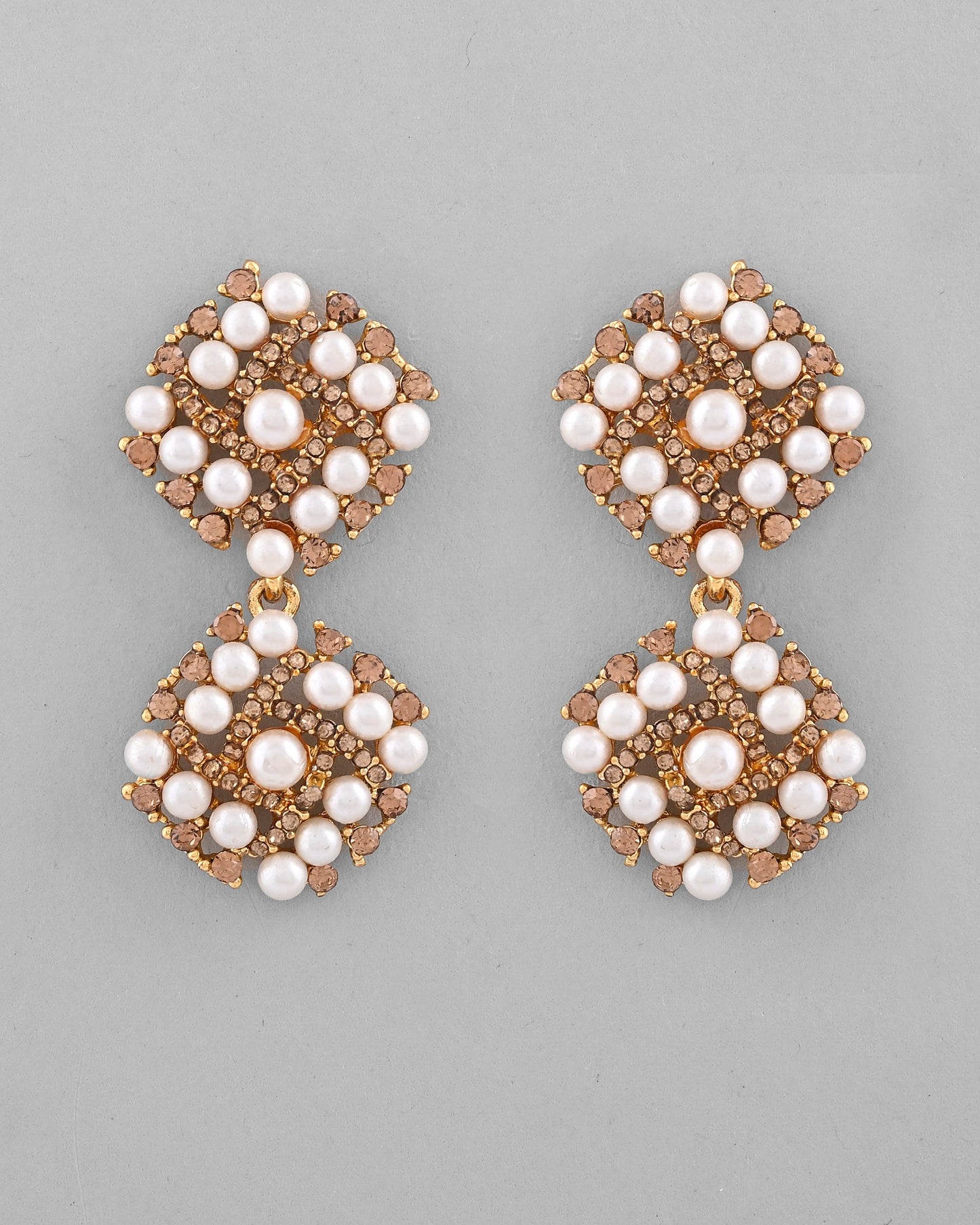 VOJ Gold-Polished Pearl And Gold Stone Drop Stud Earrings