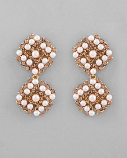 VOJ Gold-Polished Pearl And Gold Stone Drop Stud Earrings