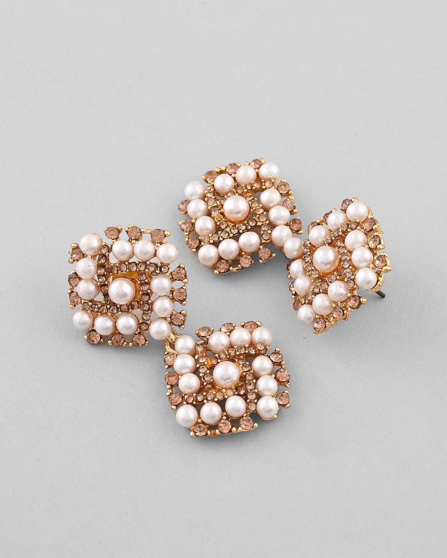 VOJ Gold-Polished Pearl And Gold Stone Drop Stud Earrings