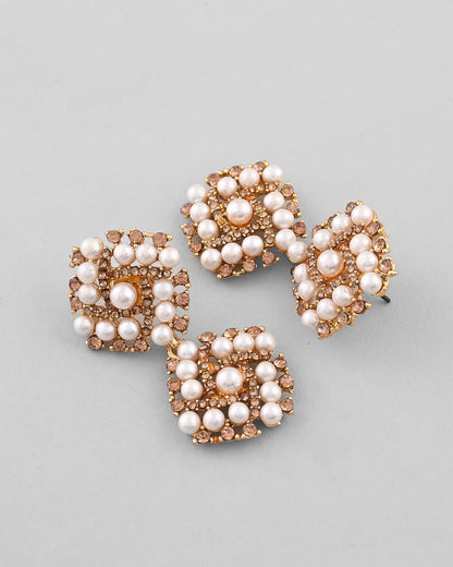 VOJ Gold-Polished Pearl And Gold Stone Drop Stud Earrings